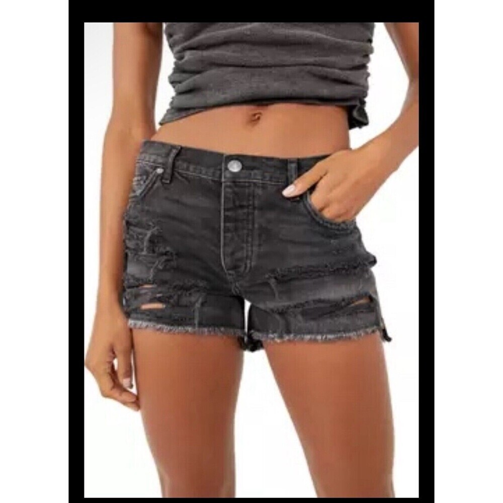 Free People Maggie Mid Rise Black Distressed Cut Off Jean‎ Shorts SZ 25 NWT